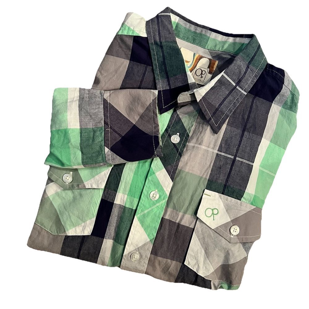 OP Men’s Plaid Button-Down Shirt - Mint Green/Gray/Black